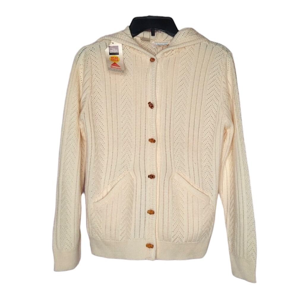 NOS Vintage Cream Hoodie Cardigan Sweater Size S/M